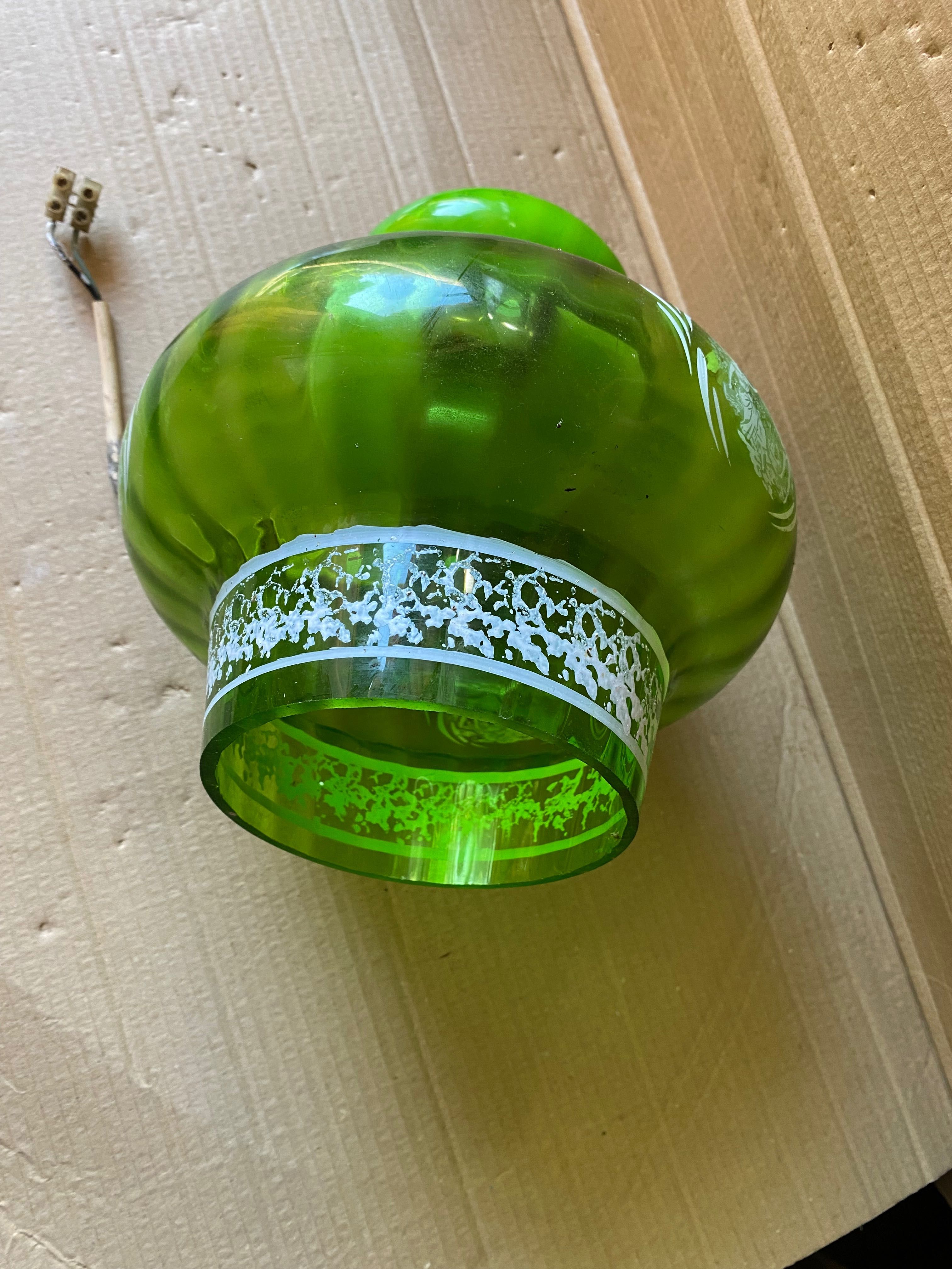 Candeeiro de tecto em vidro verde e pinturas - vintage