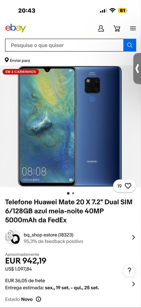 Huawei Mate 20x, ecrã Oled 7.2, dual sim, c/ bateria nova da marca