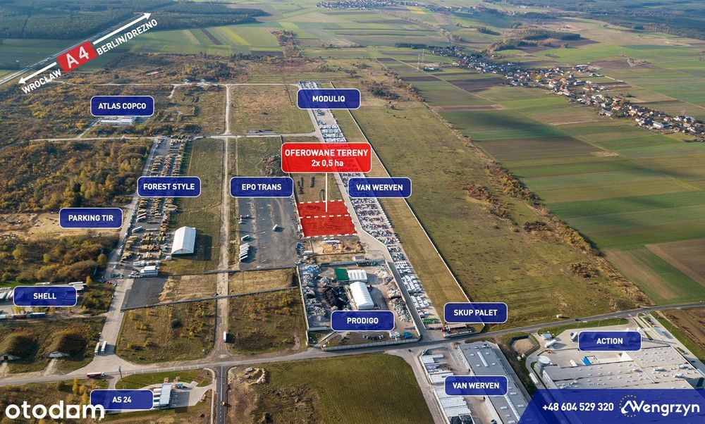0,5 ha działka przy autostradzie A4, media, MPZP, idealny dojazd