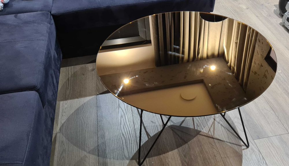 NOWY stolik kawowy okrągły szklany blat miedziany czarny lustro