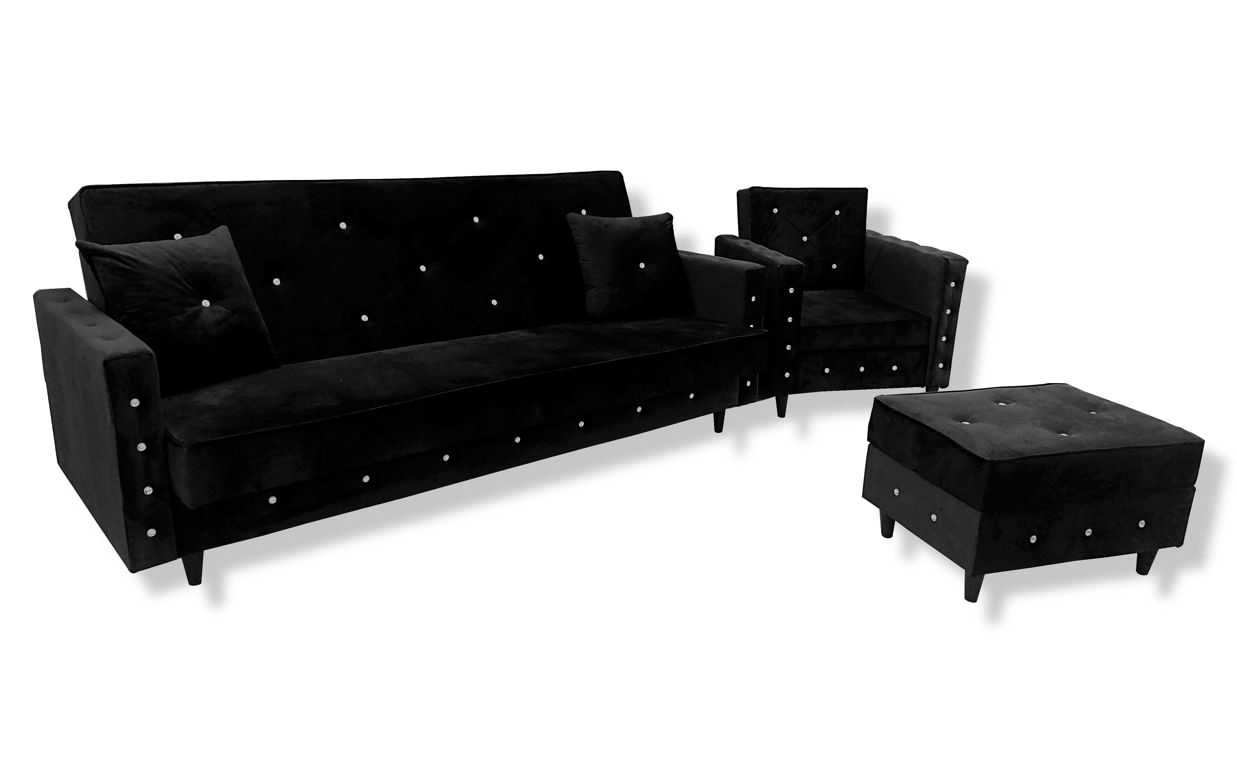 Piękny komplet Sofa rozkłdana Glamour Fotel podnóżek Kanapa Zestaw puf