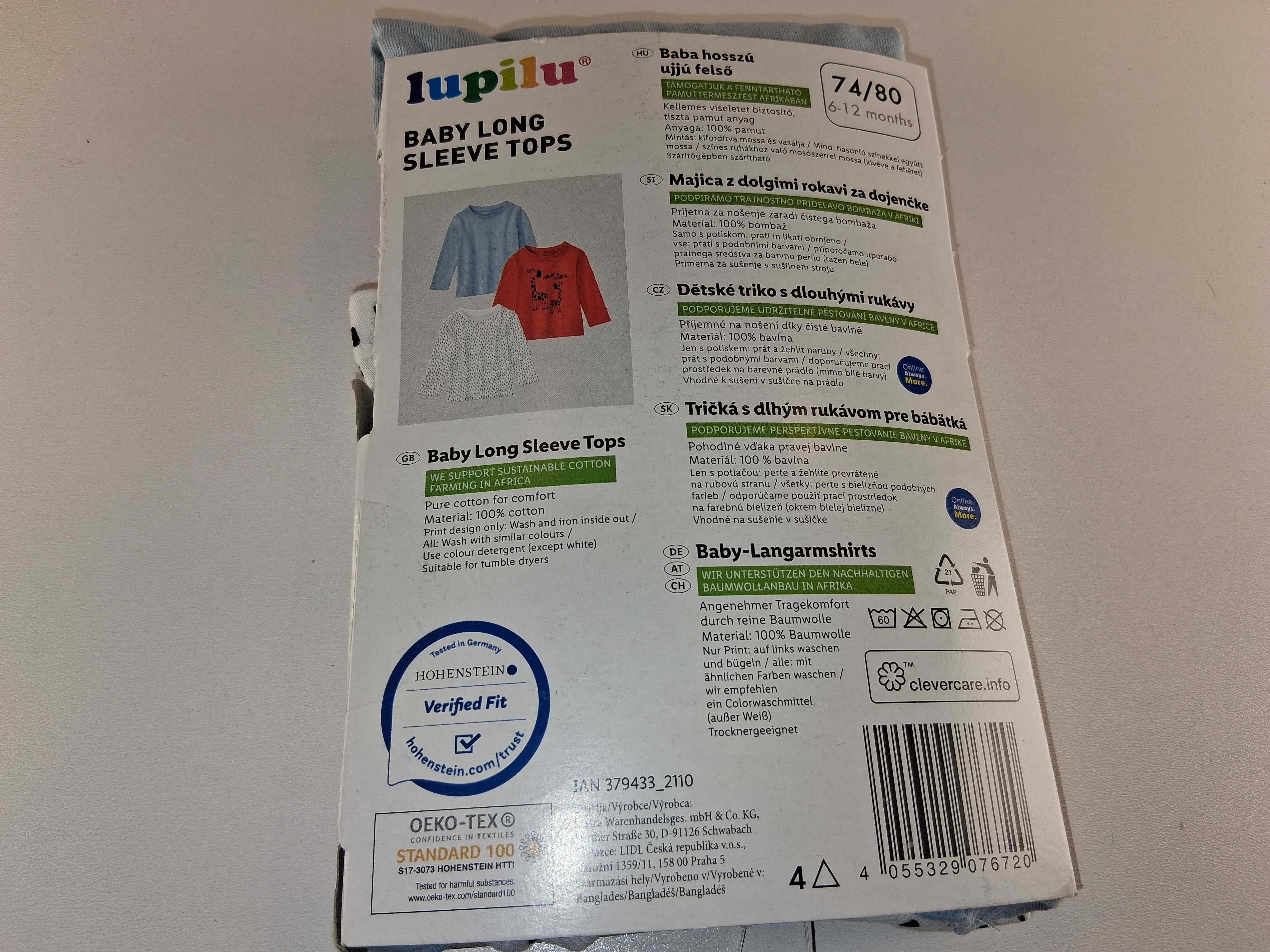 A153 Lupilu Baby Long Sleeve Tops 3-pak Bluzki Bawełniane Rozm. 74/80