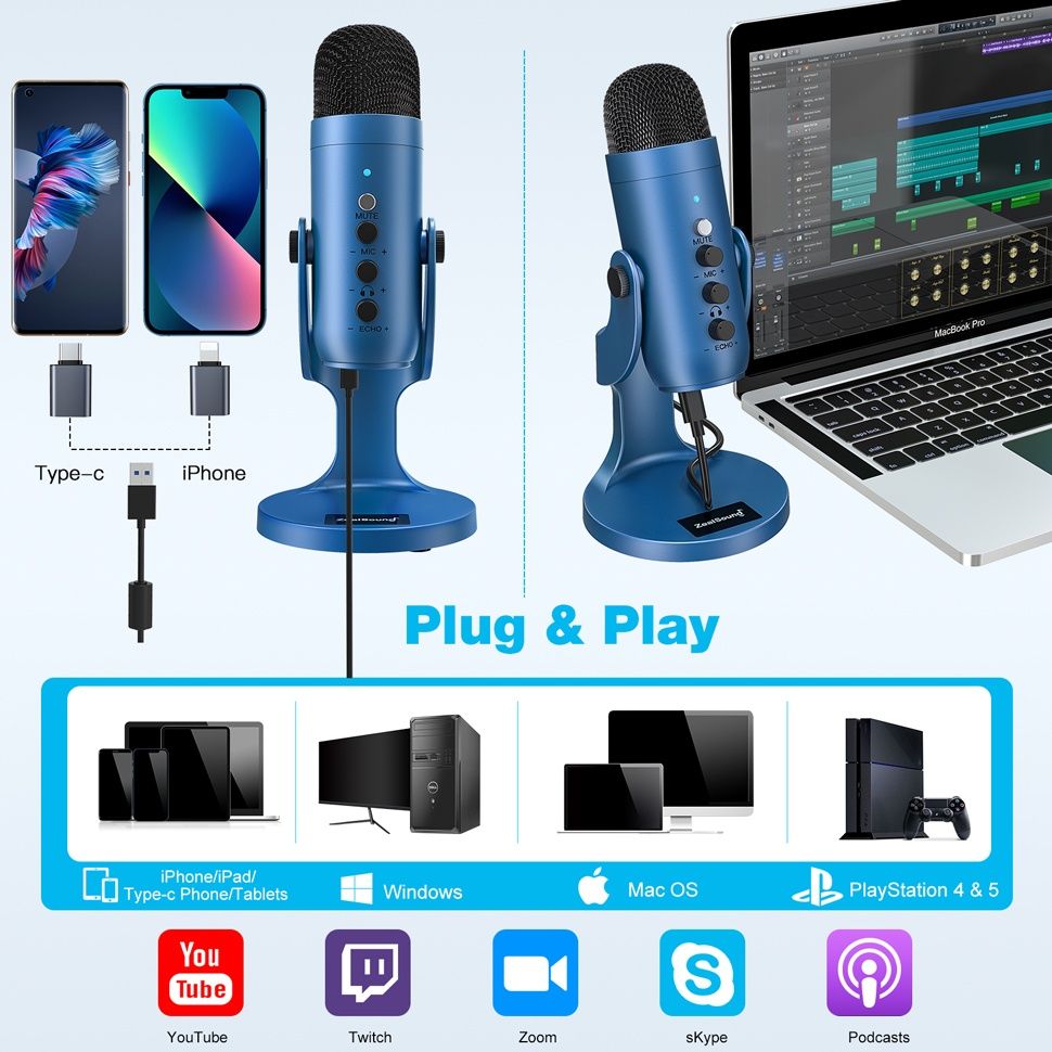 Мікрофон студійний конденсаторний USB ZealSound K66 Blue/ Микрофон USB