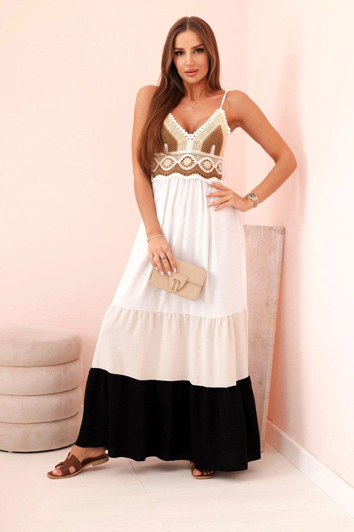 Sukienka letnia boho maxi na ramiączkach z ażurową górą beżowo-czarna