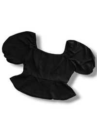 Czarna bluzka z bufkami bufiastymi rękawami z falbanką vintage retro