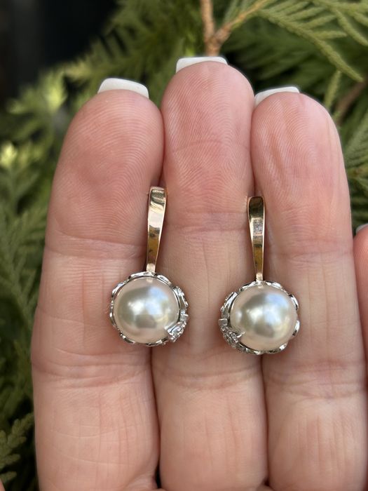 Срібні сережки з золотом і перлами, срібло 925 проба