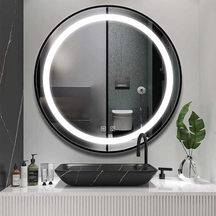 LUSTRO ŁAZIENKOWE OKRĄGŁE wiszące podświetlane led czarna rama 80CM