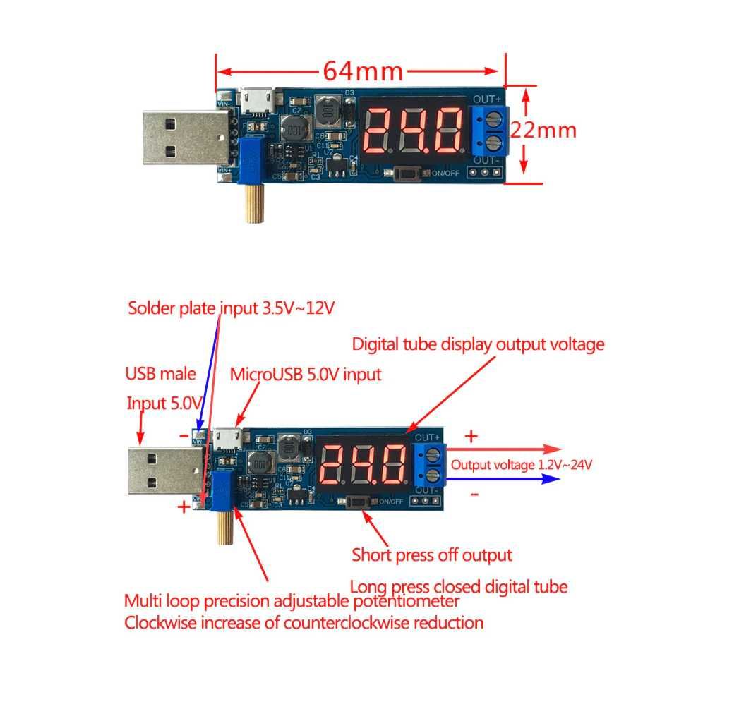 Повышающий и понижающий преобразователь напряжения с USB от 1.2-24В