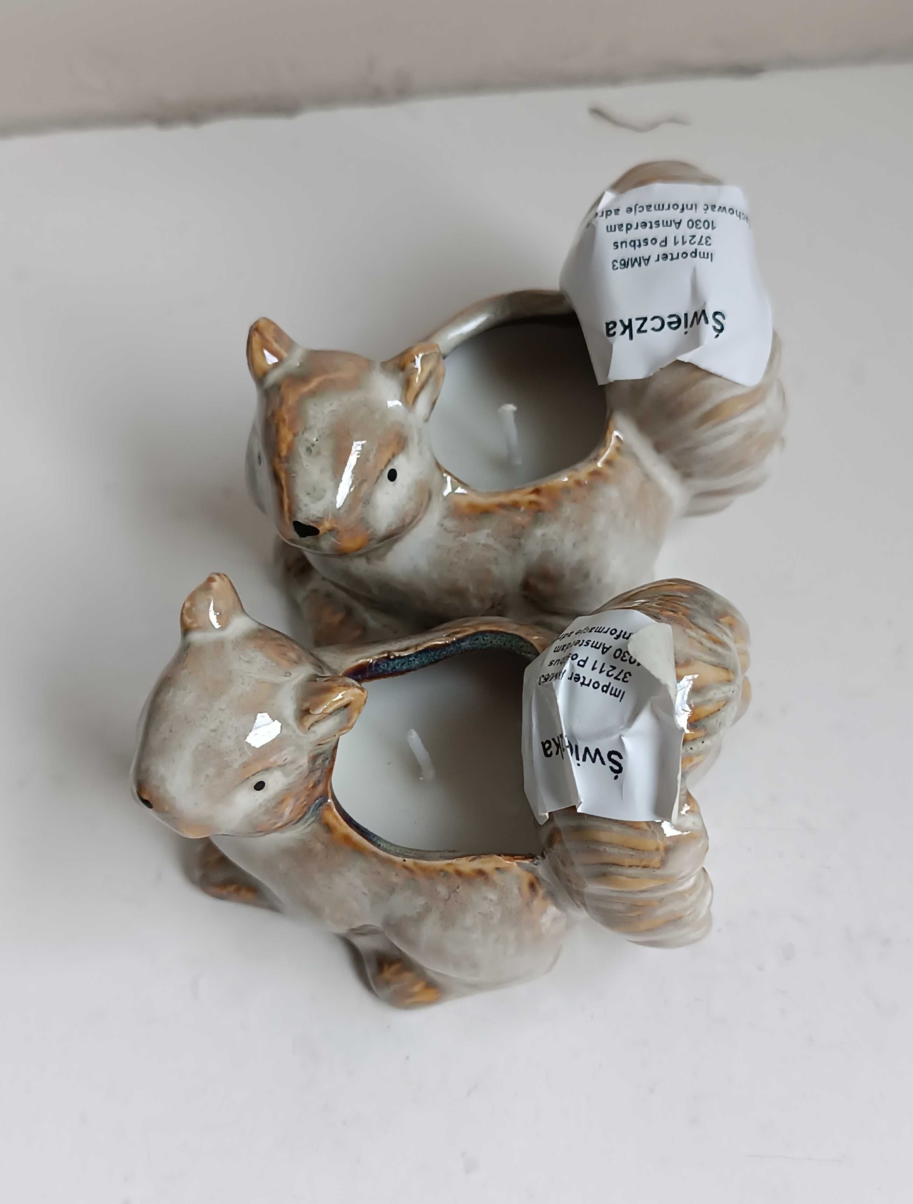 Świeczka świeca szklana wiewiórka ceramiczny świecznik figurka mała