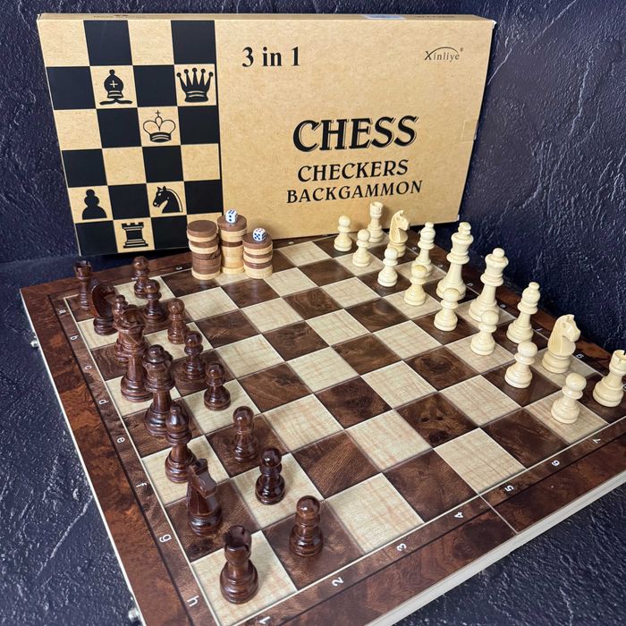 Набор шахматы, шашки, нарды 3 в 1 деревянные 7723 (доска 34x34 см)