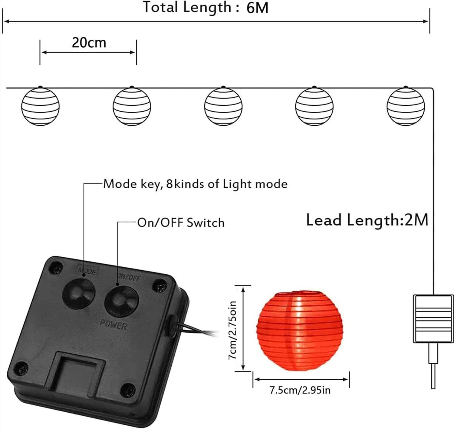 Lezonic Solarny łańcuch świetlny lampiony zewnątrzne, 8 m, 30 diod LED