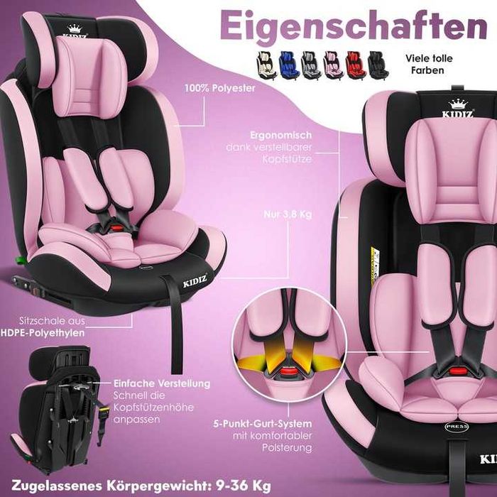 Fotelik samochodowy dla dzieci z ISOFIX 9-36kg KIDIZ RÓŻOWY