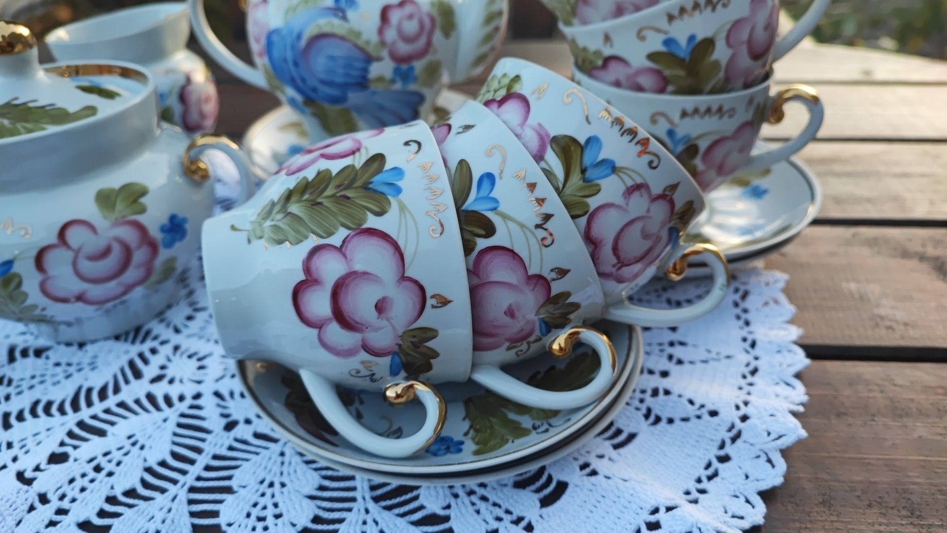 Rzadki porcelanowy Serwis do herbaty ręcznie malowany Baranówka ZSRR