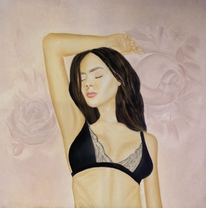 Obraz wlasnorecznie malowany kobieta z kwiatami 80x80 cm, farby olejne