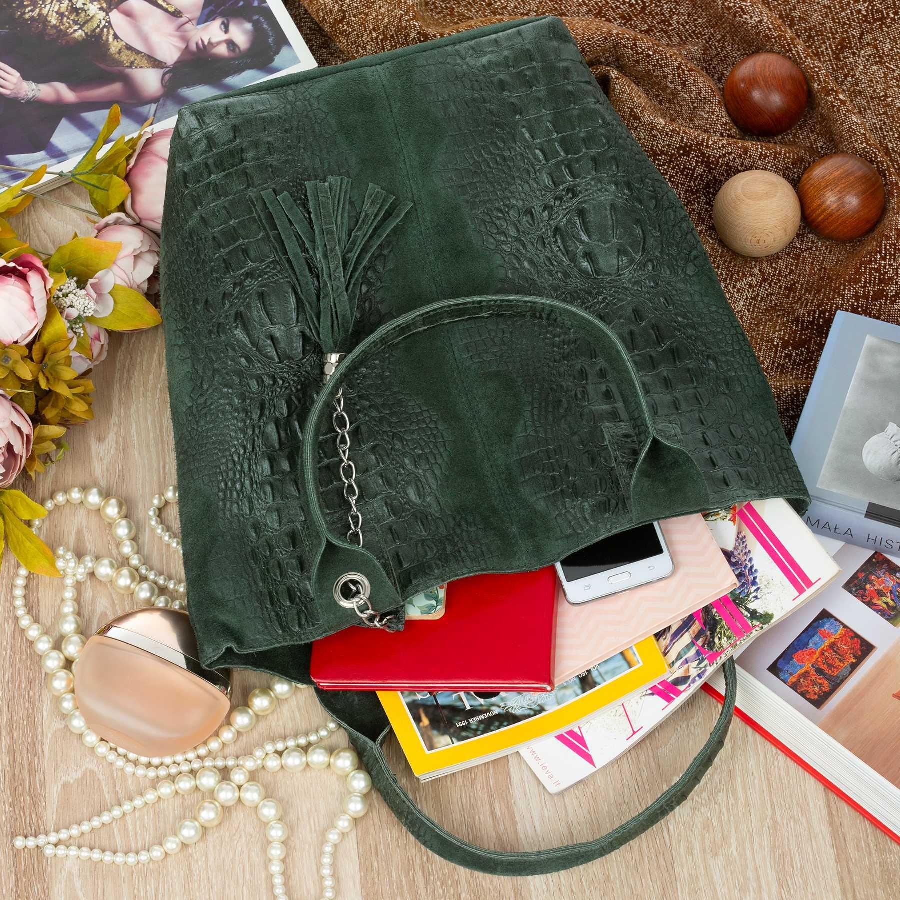 VERA PELLE torebka zamszowa shopper kroko na ramię V141 c.zielona
