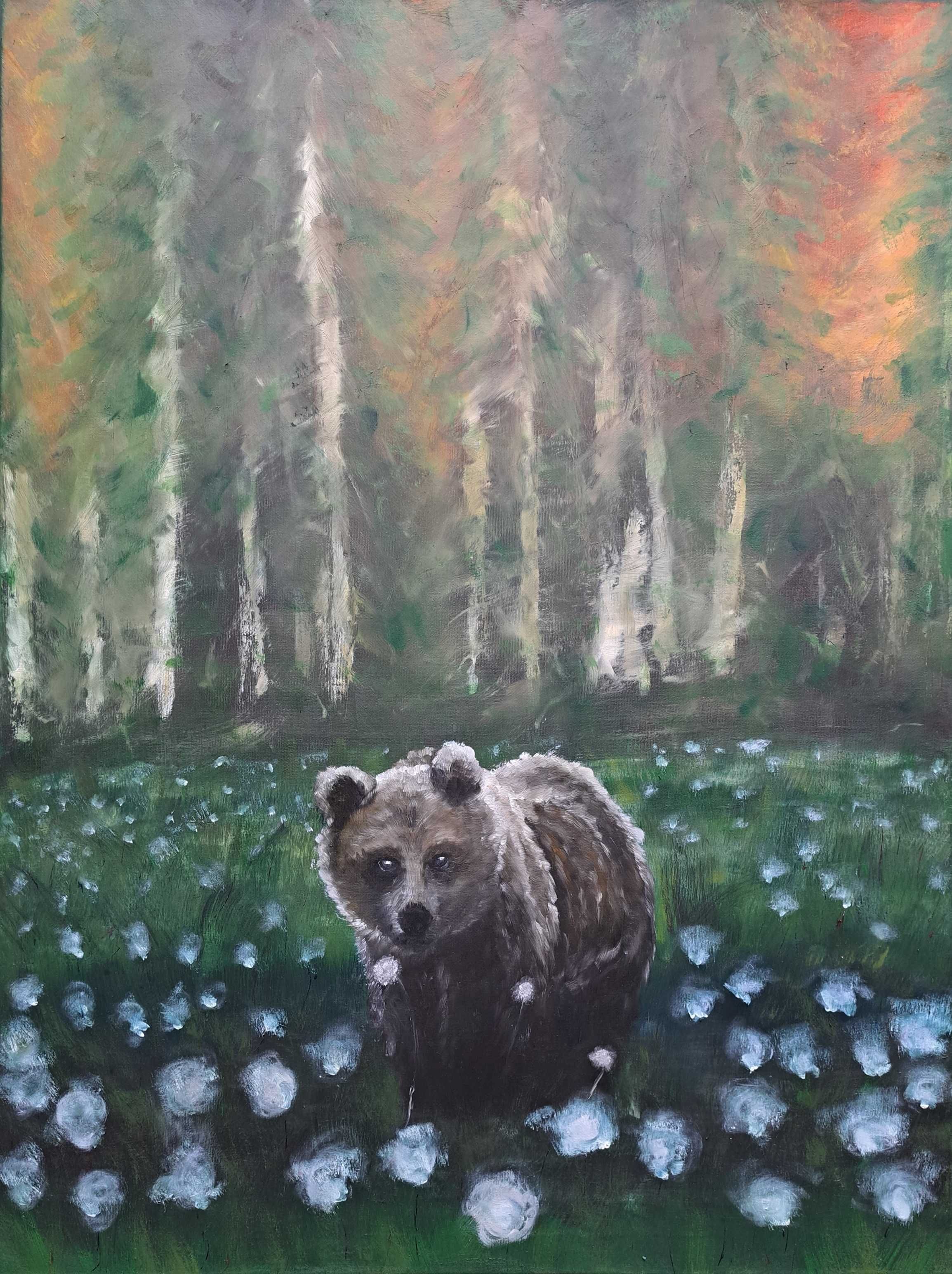 Spotkanie obraz olejny płótno 60x80 las natura łąka niedźwiedź kurier