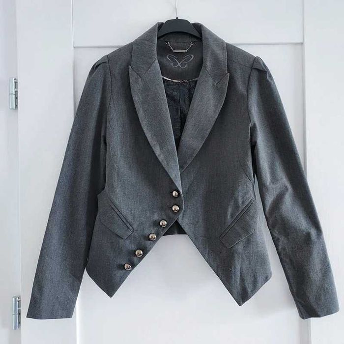 Krótka szara marynarka żakiet elegancka 34 XS 36 S