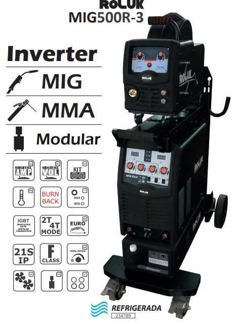 Maquina de Soldar Semi-Automática Inverter Refrigerada ROLUK MIG500R-3