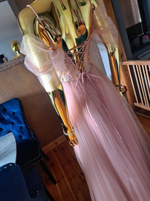 Sukienka na studniówkę, bal gorset+tiul. Pudrowy róż. R38