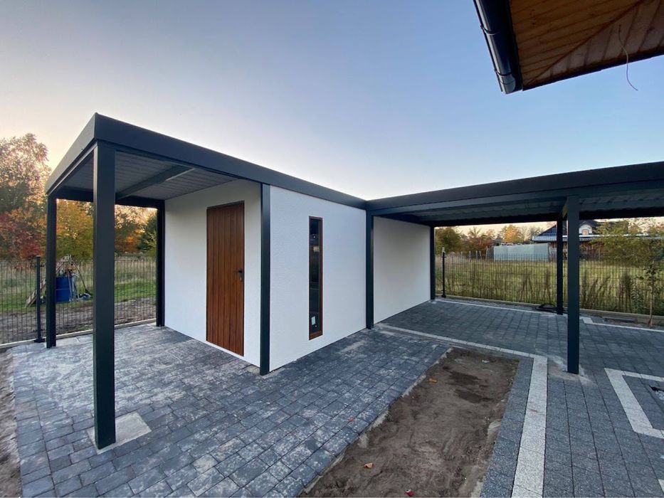 Domek ogrodowy z wiata ,garaz tynkowany