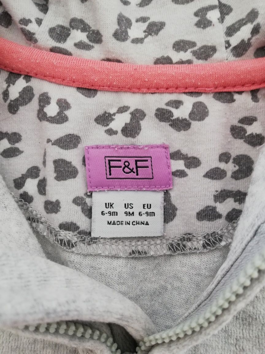 Bluza z kapturem dziewczęca welurowa szara srebrna nitka F&F 6m 9m 74