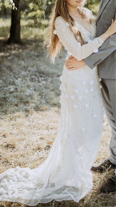 Unikatowa suknia ślubna kwiaty 3d koraliki cyrkonie syrenka