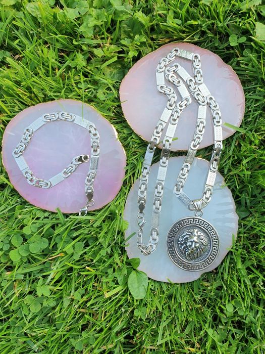 Posrebrzany komplet męski łańcuszek zawieszka i bransoletka grecka sta