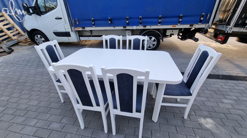 Nowe: Stół rozkładany + 6 krzeseł, biały + metaliczny granatowy