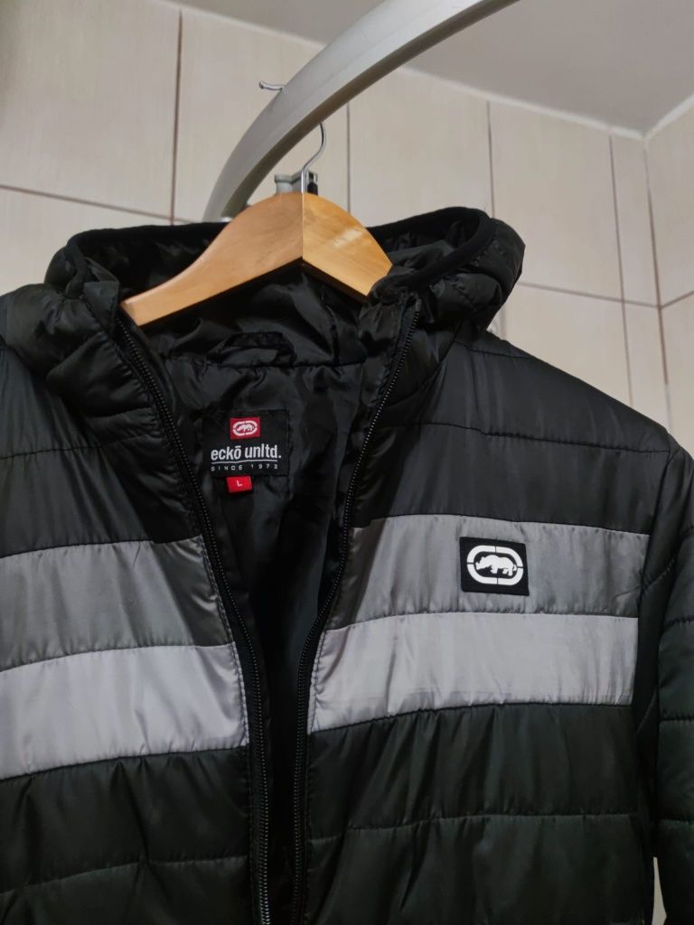 kurtka puchowa cienka L Ecko unltd czarna szara siwa jacket bluza hood