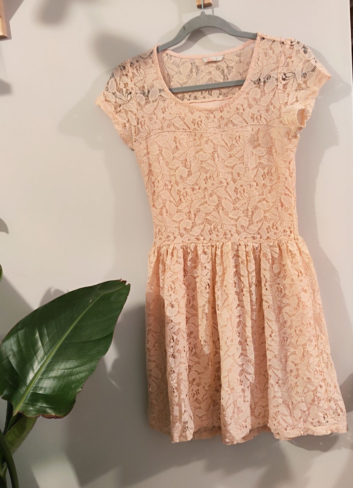 Koronkowa sukienka midi pudrowy róż wesele komunia boho