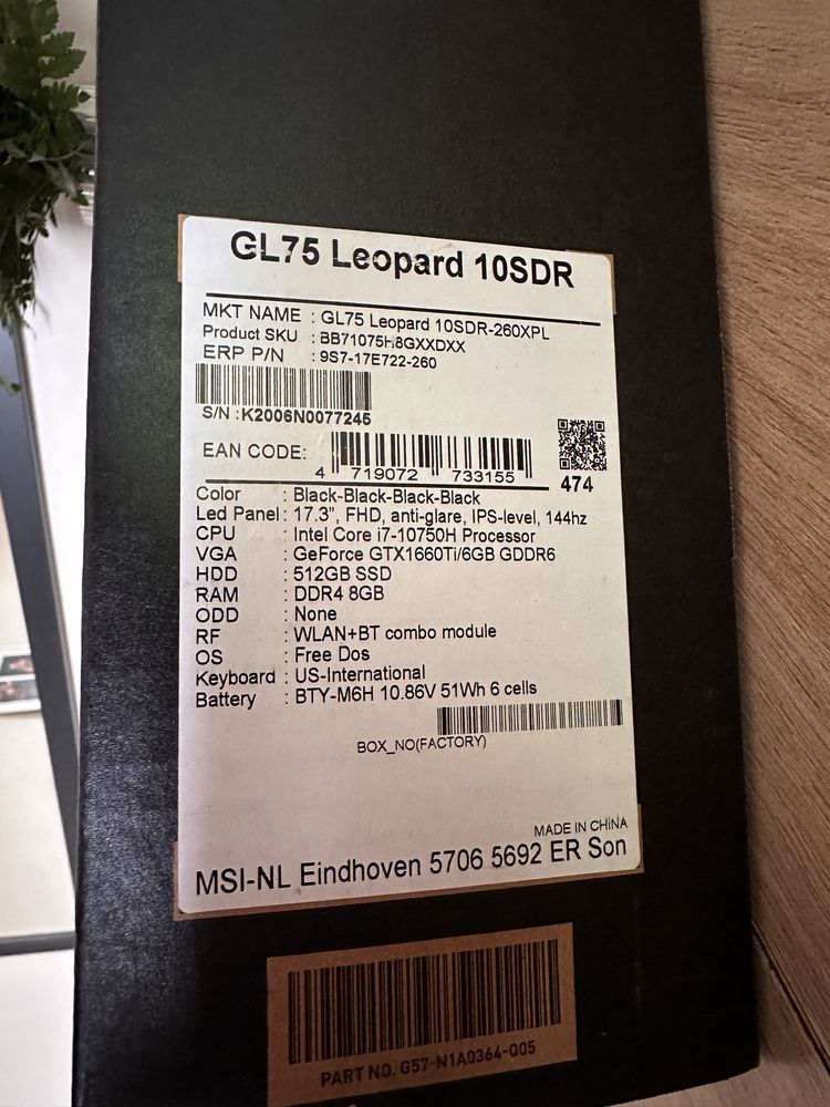 Latop MSI GL75 Leopard 10SDR-260XPL
