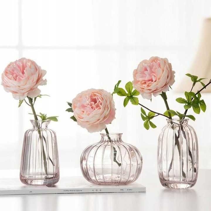 Zestaw 3 Delikatnych szklanych wazonów na kwiaty, różowych 8-11,5cm