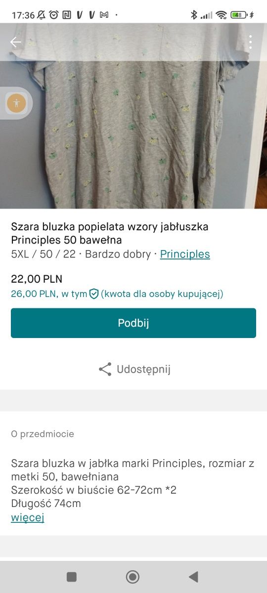 Szara bawełniana bluzka jabłuszka Principles 50 bawełna wzory