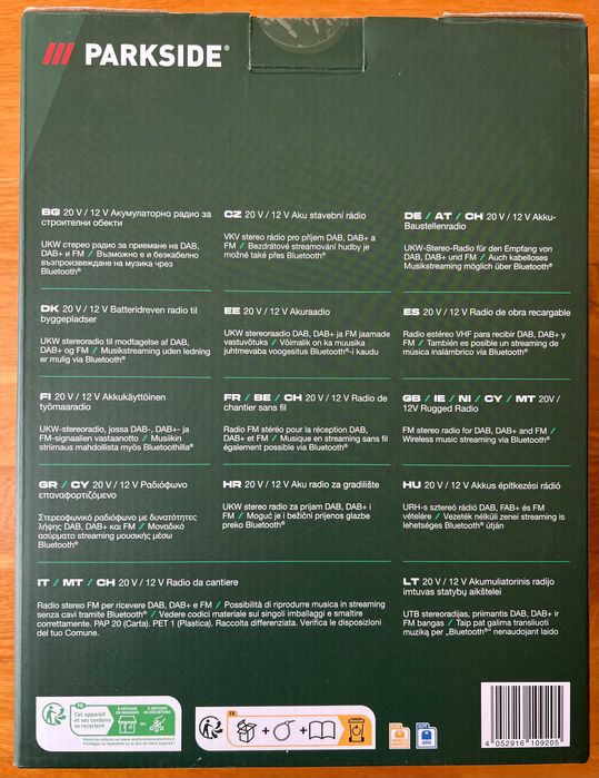 Akumulatorowe Radio budowlane warsztatowe Parkside PBRA 10 FM DAB+