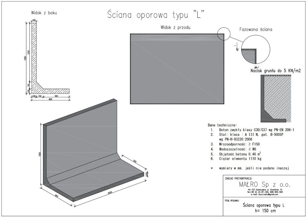 Mur oporowy typu L, mury oporowe elki 150x200x80 prefabrykat muru