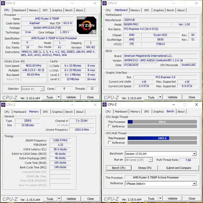 AMD Ryzen 5 7500F + B650 Материнська плата + 32 DDR5 6400 Комплект AM5