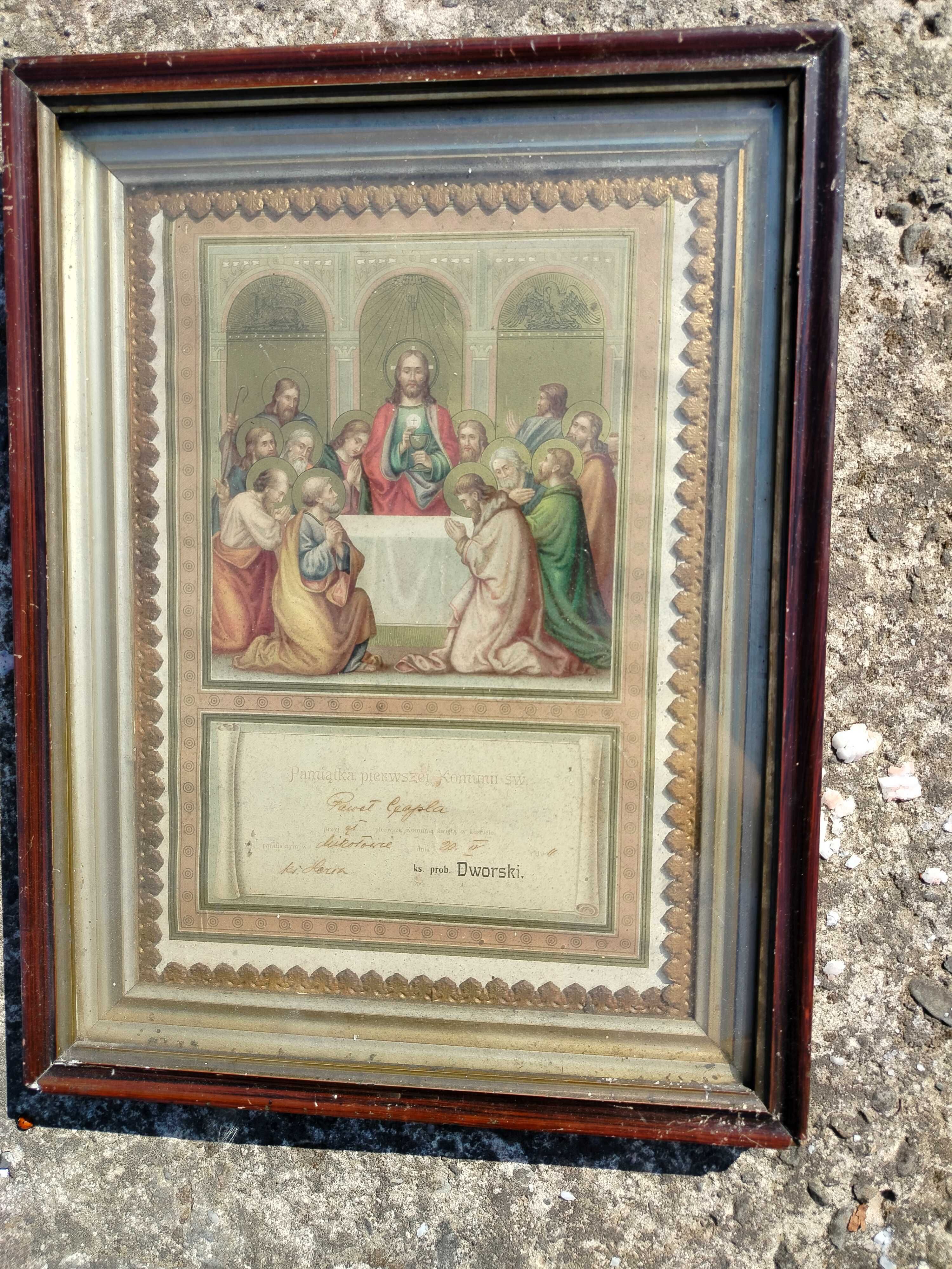 Obraz religijny rama podwójna stara Mikołów pamiątka komuni
