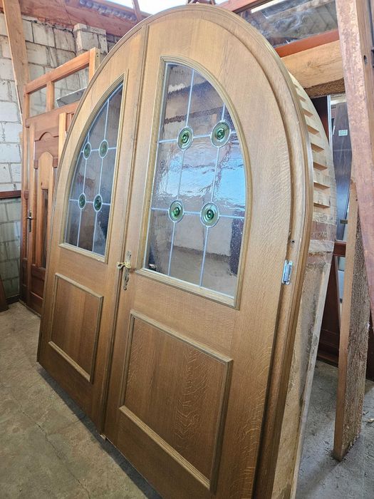 DRZWI Wewnętrzne Łukowe Dębowe Drewniane Dwuskrzydłowe 199x222 Witraż