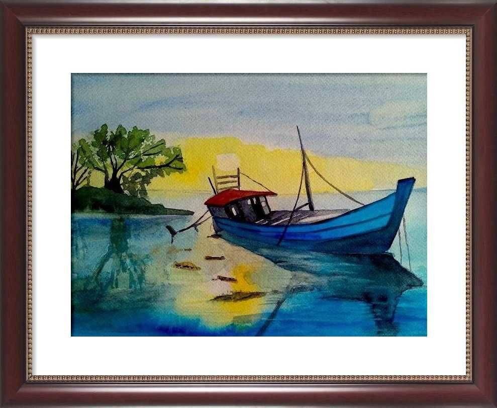 Aguarela pintada a mão " Embarcação no por do sol"