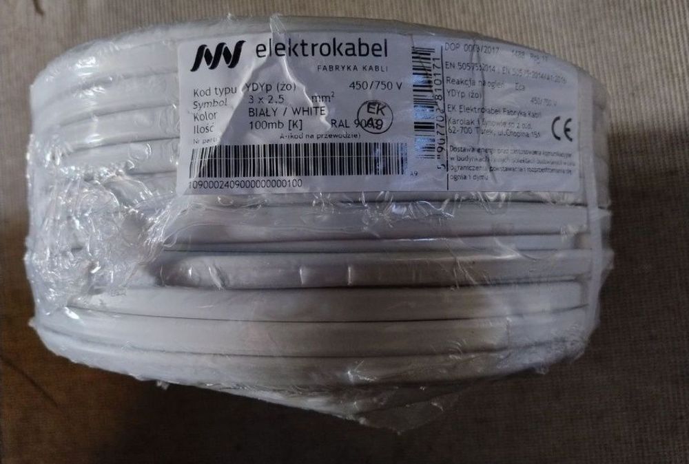 Przewód kabel płaski YDYp 3x2,5 NOWY 100m Elektrokabel 450/750V