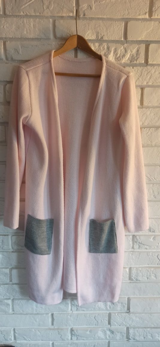 Andżela Kardigan sweter długi różowy szary one size
