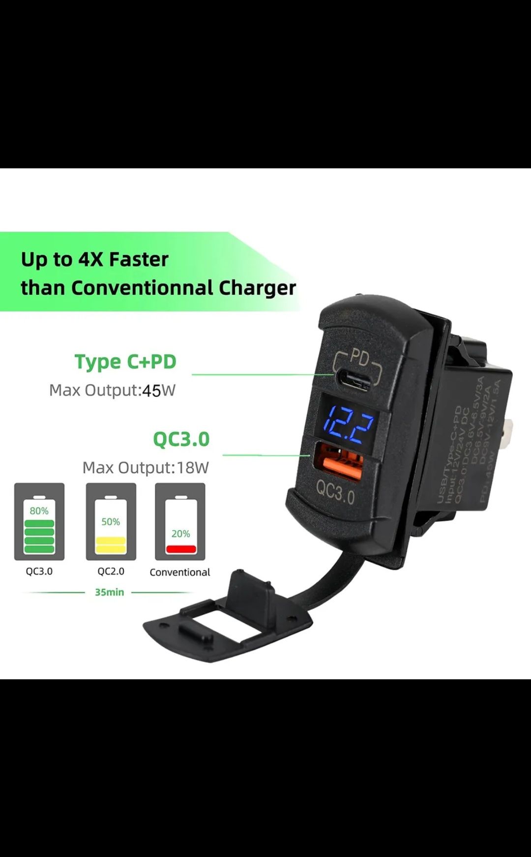 Авто зарядка Type-C+USB  для телефона PD+QC3.0 с вольтметром.