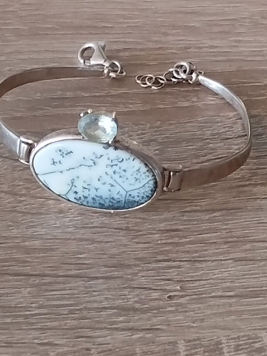 Bransoletka srebro ,agat dendrytowy i blue topaz