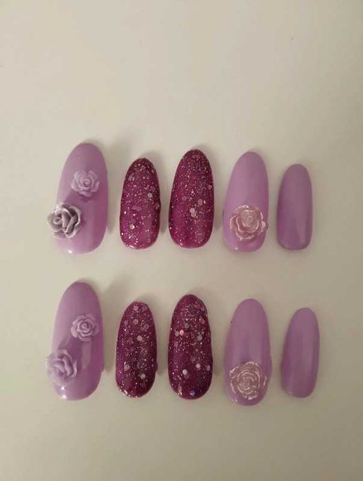 paznokcie hybrydowe tipsy press on nails kwiaty fiolet