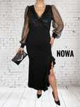 Nowa czarna dluga elegancka sukienka na studniówke wesele bal XL 42