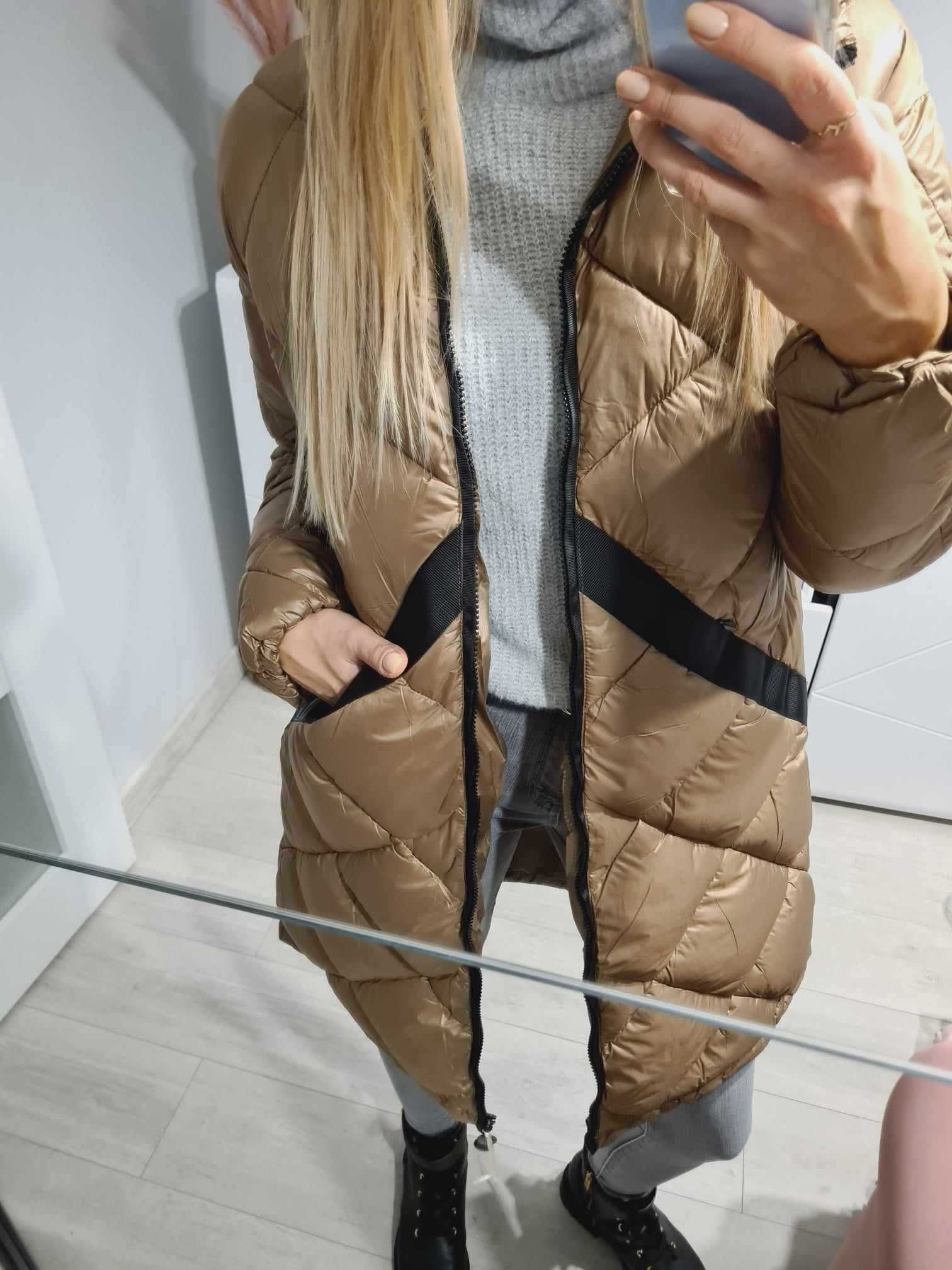 kurtka zimowa puffer jacket beżowa pikowana płaszcz lampasy puchowa