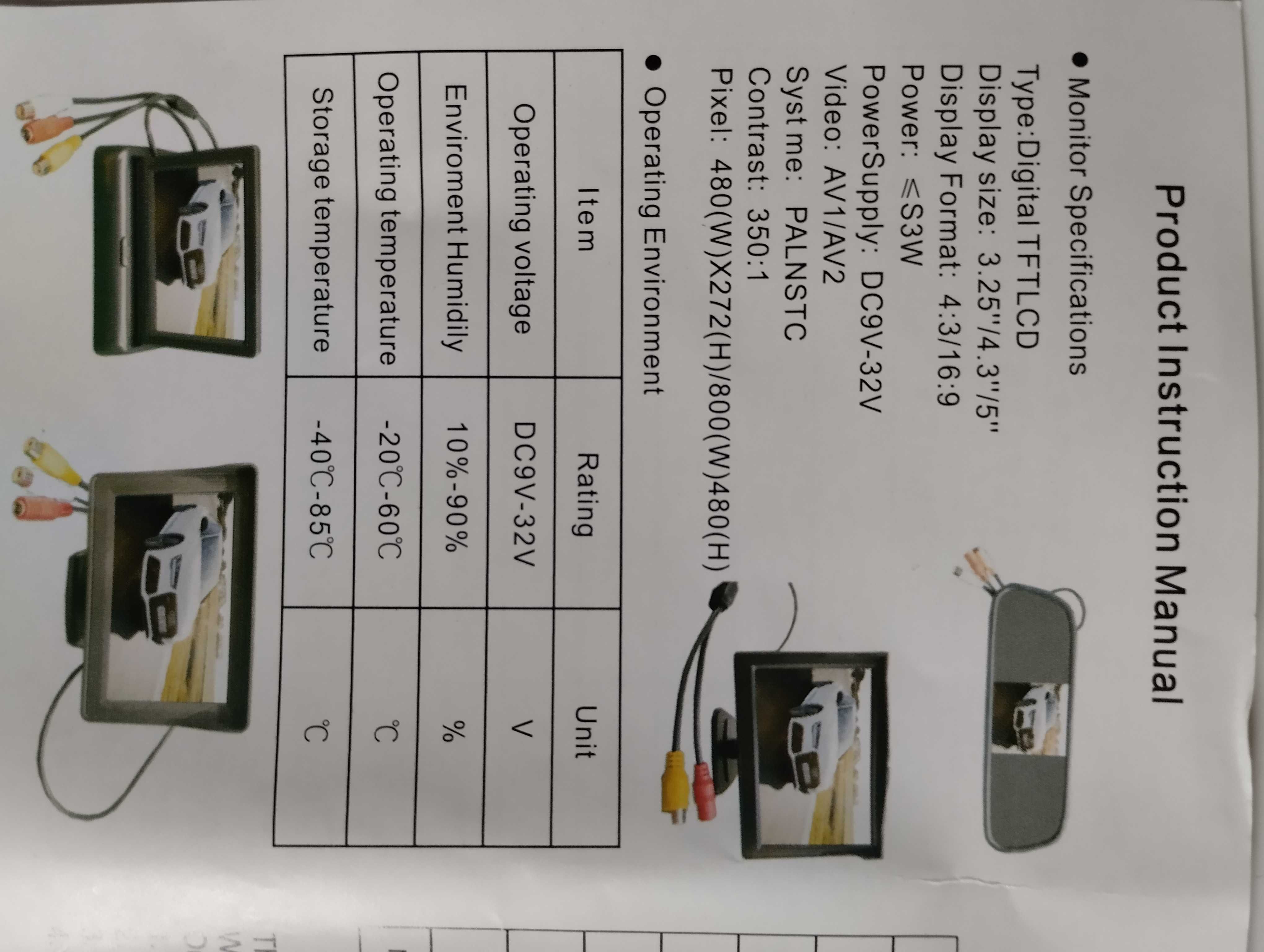 Kamera cofania monitor Digital TFTLCD 3.25"/4.3"5"