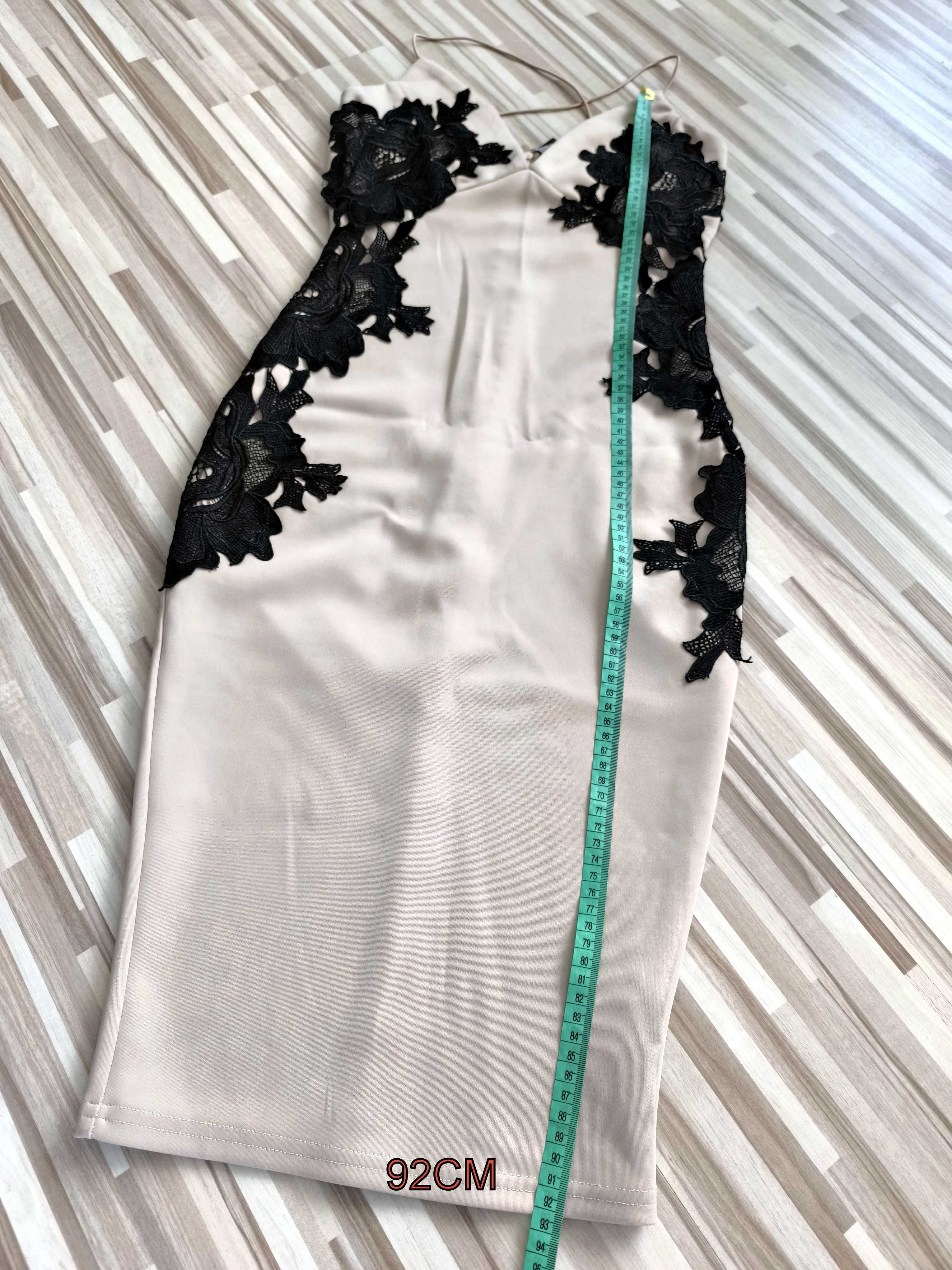 Wyprzedaż! Beżowa sukienka, zdobione boki, elegancka, koktajlowa, S