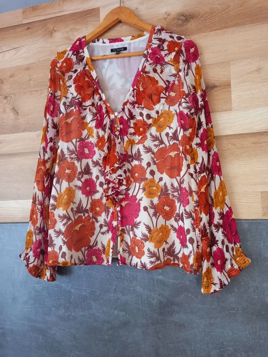 Massimo Dutti jedwabna koszula w kwiaty bez kołnierzyka dekolt V seda