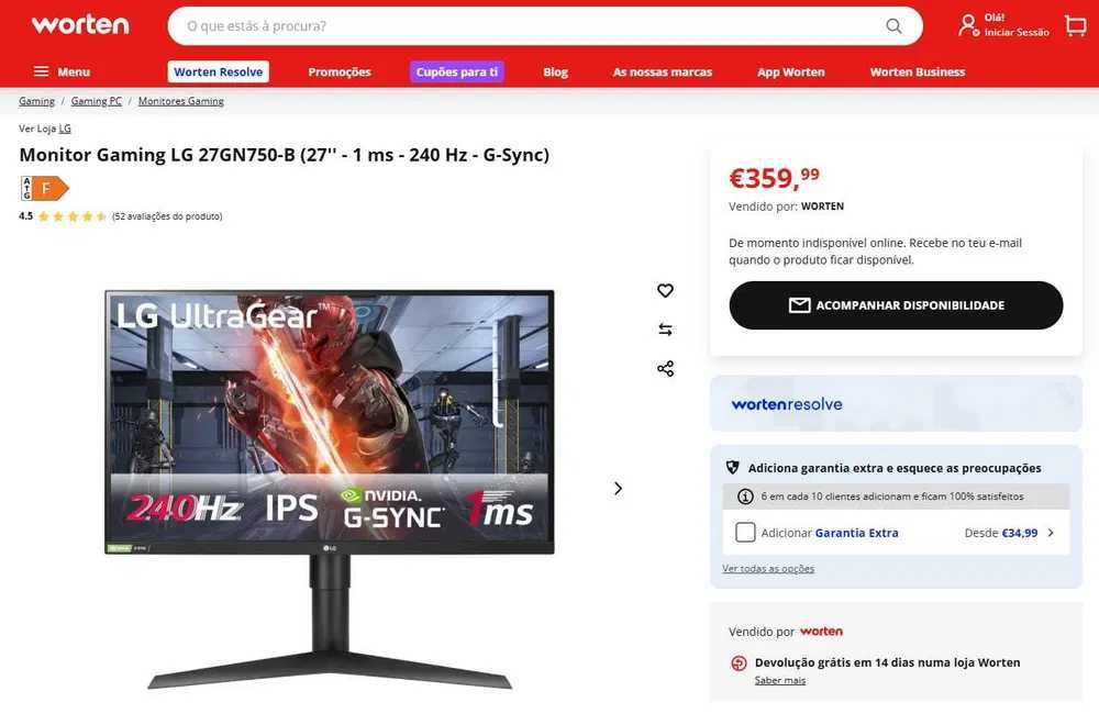 Monitor Gaming LG 27GN750-B (27'' - 1 ms - 240 Hz - G-Sync)